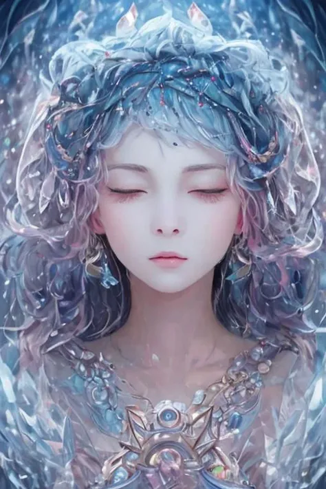 Abstract style hauntingly ethereal portrait of a mysterious figure draped in translucent fabric, crystals adorning their hair, amidst a dreamlike swirl of pastel hues and soft light, evoking a sense of calm serenity and elusive beauty, high detail, award w...