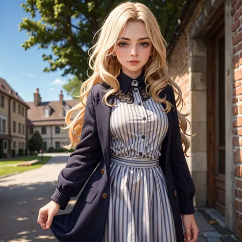 a splendid rugged Luxembourger woman
BREAK wearing pinstripe pattern
BREAK with hair styled as voluminous curls
BREAK (in the courtyard:1.1)