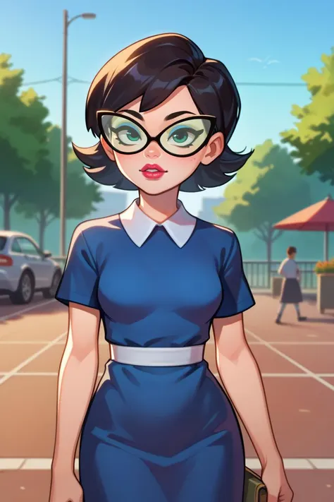 a cartoon woman in a blue dress and glasses walking down a street