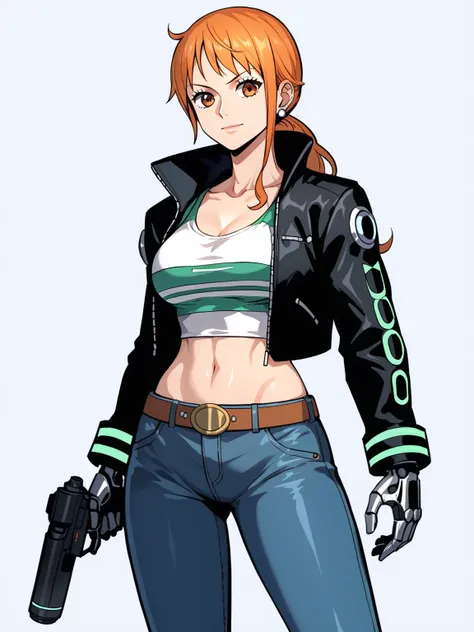 a woman with a gun in her hand and a jacket on