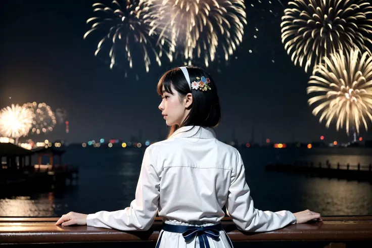 <lora:os-tan_7-tan:0.6>,madobe nanami,nanami,hairclip,hairband,hair ornament,white hanfu,simple background,(:p:1.4),sitting on a bench in a Chinese festival during night,(fireworks in the sky:1.3),back towards viewer,looking at the front, uh please be a bi...