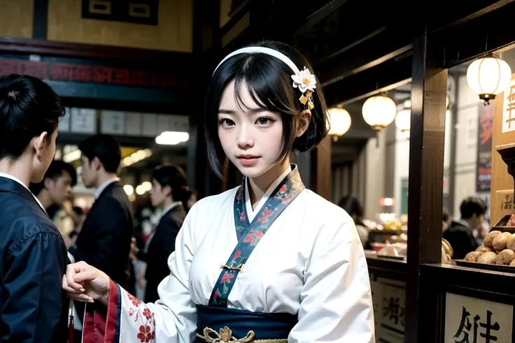 <lora:os-tan_7-tan:0.6>,madobe nanami,nanami,hairclip,hairband,hair ornament,white traditional hanfu with gold embroidery,simple background,(:p:1.4),passing through a traditional chinese market during a festival,