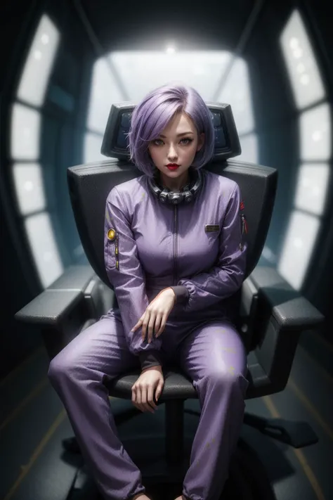 best quality, (1girl, short Lavender hair, red lips), (wearing long sleeves, tight jumpsuit), scifi, captains chair, space ship, hands in lap <lora:hairdetailer:.5> <lora:add_detail:0.5> <lora:boldline:0.2>