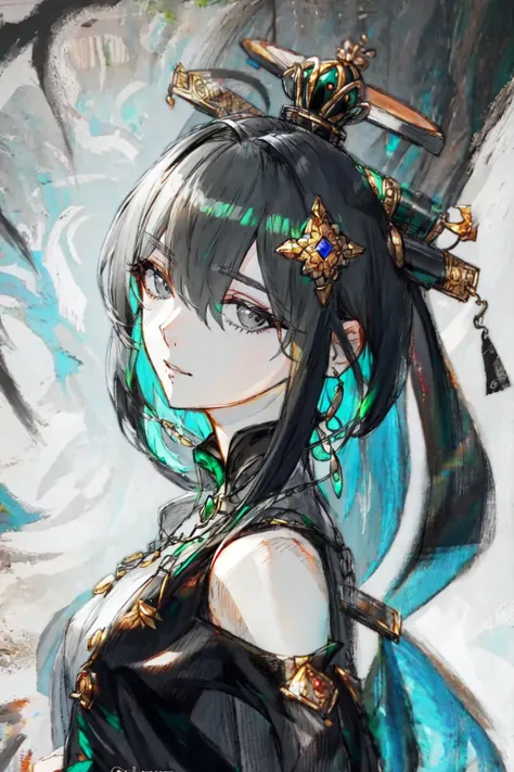 masterpiece, best quality, 1girl, bangs, close-up, closed_mouth, eyebrows_visible_through_hair, green_hair, grey_background, grey_eyes, hair_between_eyes, hair_ornament, long_hair, looking_at_viewer, multicolored_hair,  solo,jewelry,<lora:BF:1>  <lora:Qu:0...