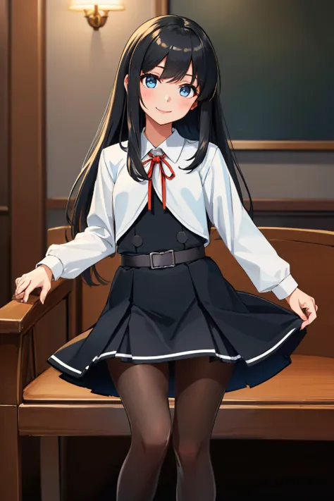 (masterpiece, best quality:1.2), solo, 1girl, asashioknd, smile, looking at viewer, white shirt, black dress, pinafore dress, neck ribbon, long sleeves, black pantyhose, belt <lora:kancolle_asashiokainid:1.0>