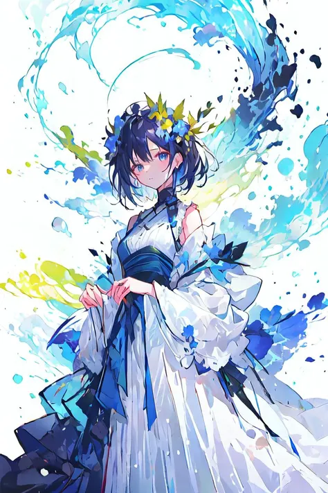 a woman in a white dress with a blue crown and a blue dress