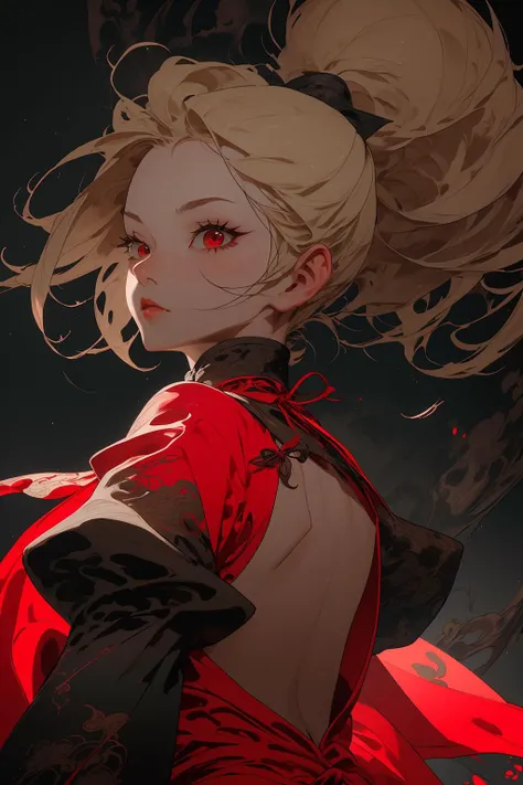 light particles, soft lighting, volumetric lighting, intricate details, finely detailed,
1girl, solo,
blonde hair, long hair, high ponytail,
red eyes, long eyelashes, thick eyelashes, looking at viewer,
red dress, ornate dress, backless dress, puffy sleeve...