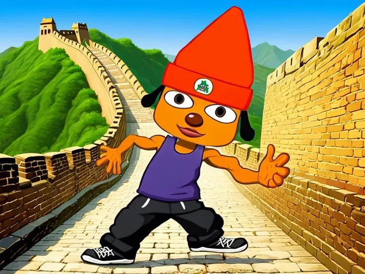 cartoon character of a boy in a red hat and purple shirt on a brick wall