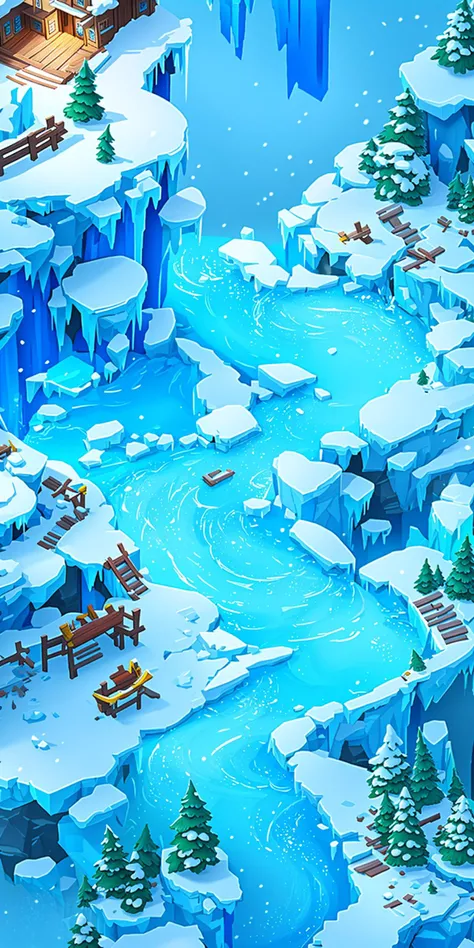 Concept art, top-down terrain, game scenes, snow, tree, stairs, outdoors, scenery, ice, mountain, no_humans, water<lora:dibian:0.8>,