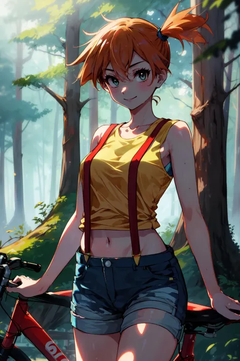 masterpiece,best quality,1girl,misty (pokemon),side ponytail,suspenders,midriff,denim shorts,yellow tank top,smile,(red bicycle),forest,cowboy shot,<lora:MistyV2:0.9>,