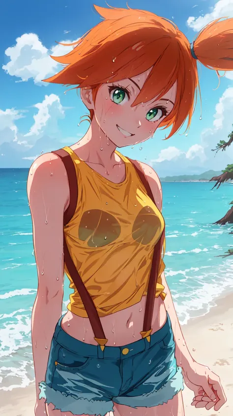 a woman with a ponytail standing on a beach next to the ocean