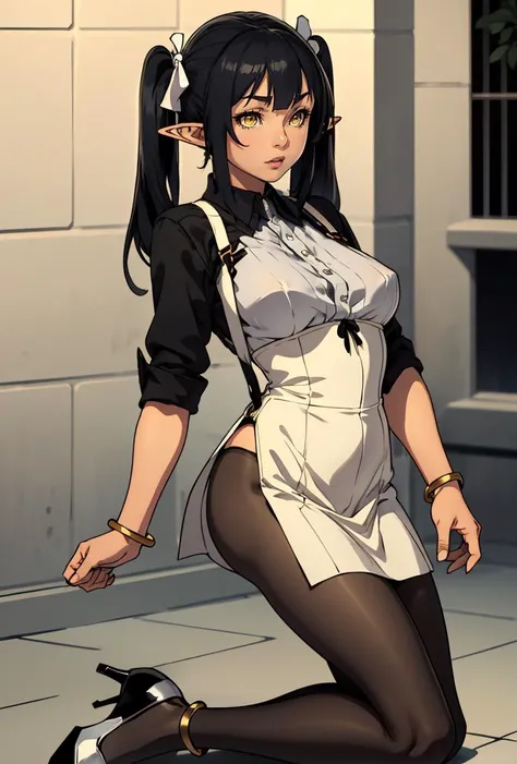 (masterpiece, best quality), 1girl,     <lora:tt_hotengeki:0.8> tt_hotengeki, black hair, long hair, twintails, yellow eyes, pointy ears, elf, large breasts,, hair ribbon, shirt, jewelry, bracelet, black pantyhose, suspenders, high heels,