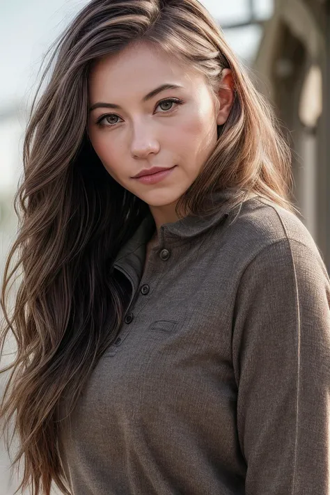 perfect cinematic shoot of a beautiful woman (EPDS4sh43m1r3:.99), a woman standing at a (interesting superflat), perfect top knot , wearing sexy (Warm Brown  Henley, Cargo Pants :1.2), (people in background:1.1), (detailed background:1.1), (face focus), mo...