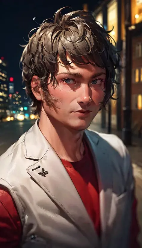 masterpiece, best quality, portrait of sks man (mil3i:1) in the street with a white suit and red tshirt, very detailed face, high quality, in the night, 8k, <lora:MILEI:1>, ((detailed face)), ultra detail, ((extremely detailed face))