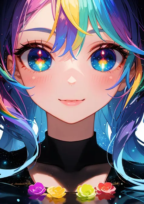 a close up of a person with long hair and colorful hair