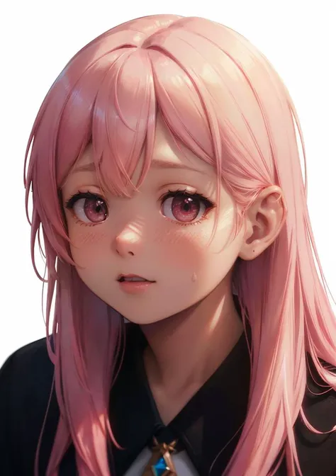 anime girl with pink hair and a tie looking at the camera