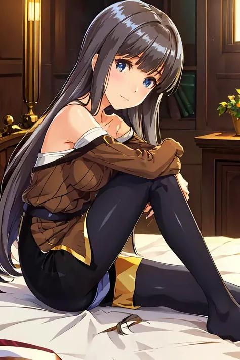 best quality, (masterpiece:1.2), highly detailed, (masterpiece), (illustration),
sitting, on bed, indoor, (from side), (face), (face focus),
(hugging own legs:1.2), head tilt,
brown sweater, long sleeves, bare shoulders, collarbone, strapless,
black pantyh...