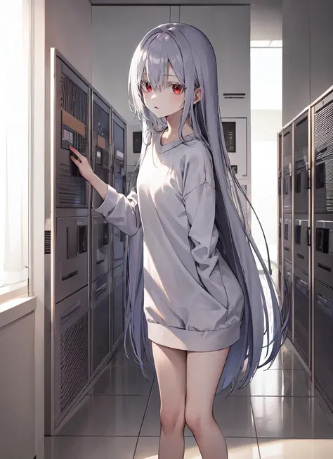 anime girl in a long gray dress standing in a room