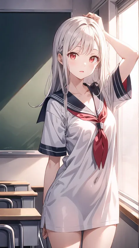 masterpiece,best quality,highly detailed,white hair,long hair,red eyes,medium breasts,oversized clothes,<lora:oversized_shirt_v0.2:1>,<lora:å¢å ç´°ç¯:0.7>,(hiten1:0.7),cowboy shot,serafuku,short sleeves,classroom,