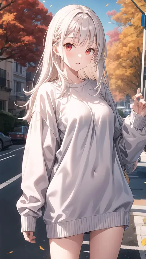 masterpiece,best quality,highly detailed,white hair,long hair,red eyes,medium breasts,sweater,oversized clothes,<lora:oversized_shirt_v0.2:1>,<lora:å¢å ç´°ç¯:0.7>,(hiten1:0.7),outdoors,autumn leaves,