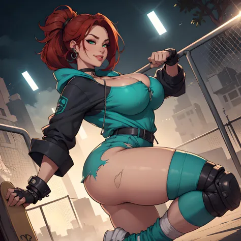 (masterpiece:1.4),(best quality:1.4),(highres:1.4),absurdres, intricate details,(highly detailed skin:1.2), 1girl, solo, ponytail, blunt bangs, red hair, 
cleavage, busty, curvy, soft, squishy, massive breasts, thick body, wide hips, thin waist, 
makeup, r...