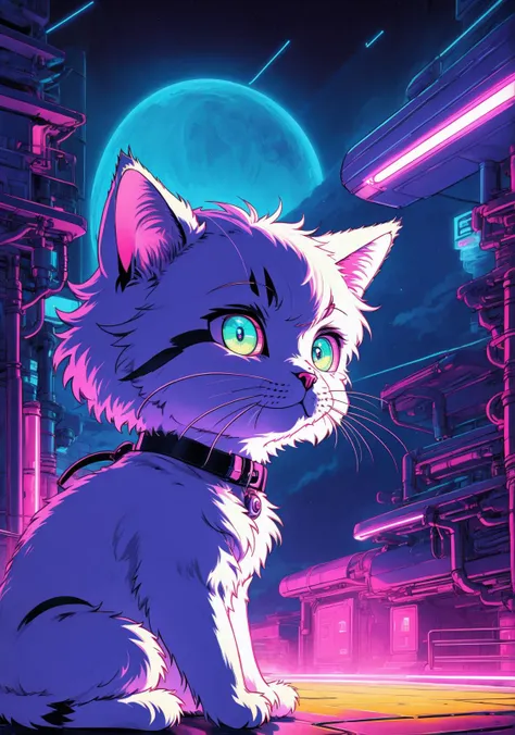 a cat sitting on the ground in front of a neon city