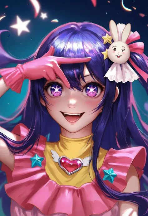 a close up of a girl with purple hair and a pink dress