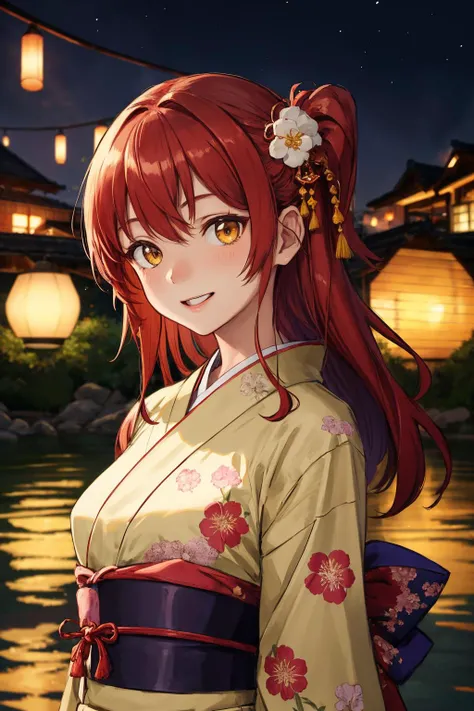 kita ikuyo, 1girl, kimono, japanese clothes, upper body, red hair, yellow eyes, lantern, night, river, looking at viewer, arms behind back, hair ornament, floral print, long hair, one side up,smile, parted lips <lora:kita_ikuyo:1>
Firework, river, japan fe...