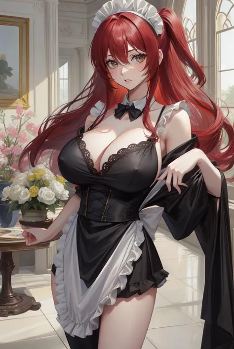 masterpiece,(gigantic_breasts:1.1), nipples, cleavage, naked, mature female, 
kita ikuyo,red hair,hair between eyes, one side up,yellow eyes
maid, maid headdress, maid apron, 
indoors,
<lora:hairdetailer:0.8>   <lora:kita ikuyo by Goofy Ai:1>