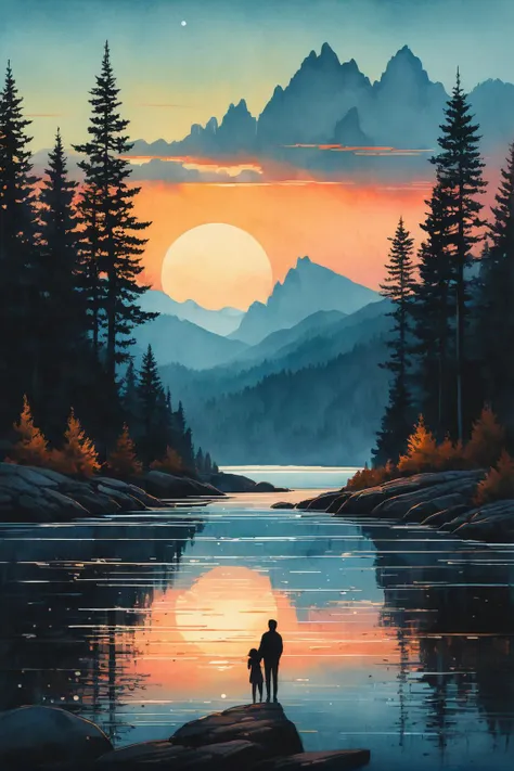 a painting of two people standing on a rock in front of a lake