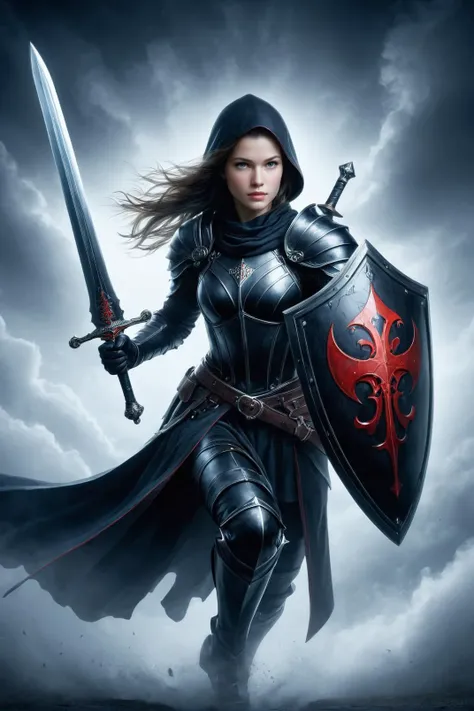 a woman in armor holding a sword and a shield