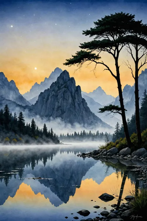 painting of a mountain lake with a lone tree and a full moon