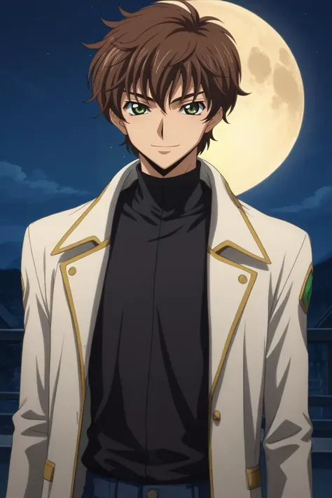 a man in a white jacket standing in front of a full moon