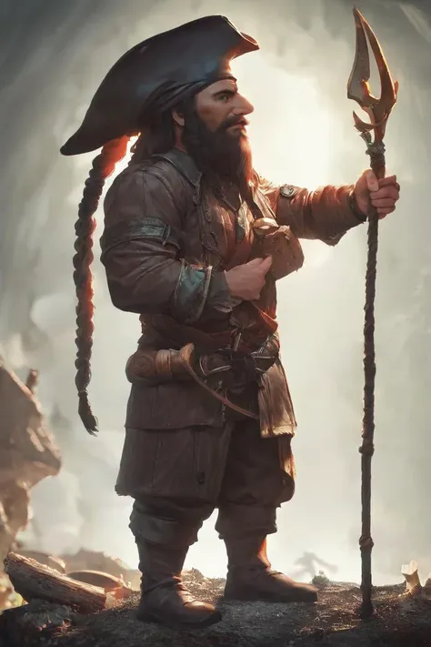 a man in a pirate costume holding a spear and a sword