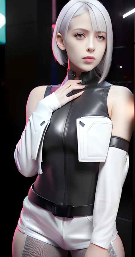 1girl, Short hair,Light grey hair,realistic, lucy (cyberpunk), beautiful face, belt,(black bodysuit), covered mouth, (covered navel), white detached sleeves, grey eyes, hip vent,white open jacket, night, look at viewer,(black leather pants) <lora:koreanDol...