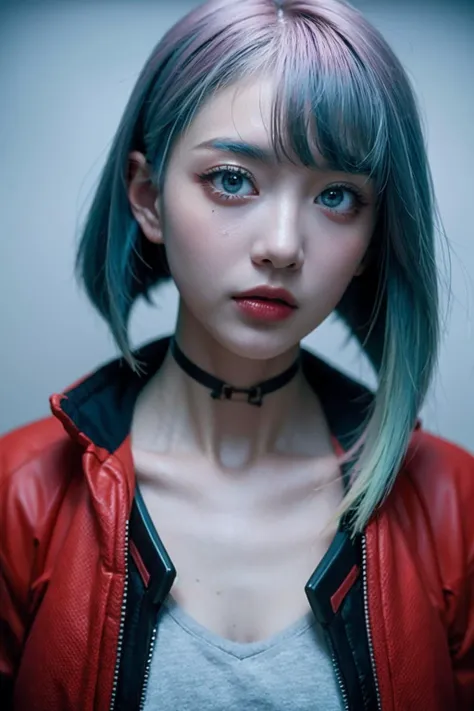 a poster in the style of japanese graphic design,lucy (cyberpunk), 1girl,  bangs, blue hair, colored tips,grey eyes, jacket, long sleeves, looking at viewer, medium hair, multicolored hair, parted bangs, parted lips, pink hair, portrait, red eyeliner, red ...