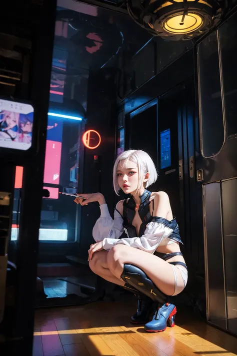 ((best quality)),((masterpiece)),(detailed:1.3),Lucy squatting at home,Lucy (cyberpunk),v-chest,beautiful,gorgeous face,exquisite makeup,white hair,short hair,((futuristic interior)),cat is behind Lucy,<lora:lucy_offset:0.8>,<lora:muscle_slider_v1:-1.2>,