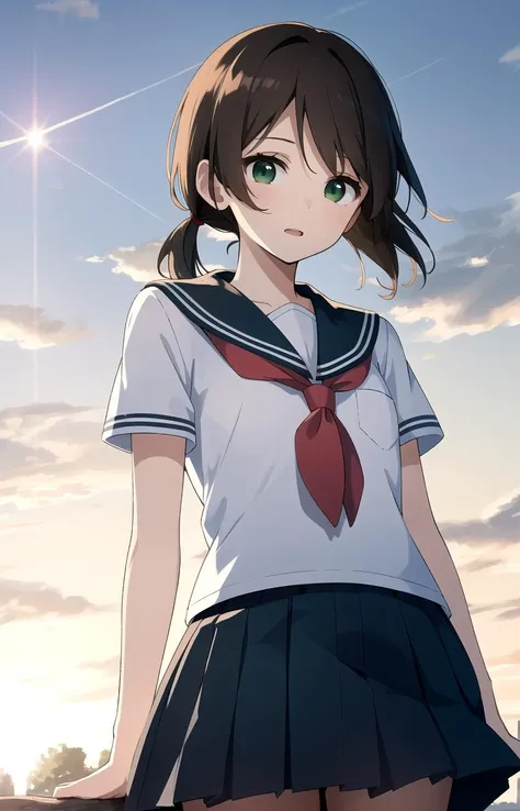 <lora:momokov5:0.2> , girl ,Sailor school uniform, , anime, short twintails, brown hair, green eyes, sunlight, short hair,