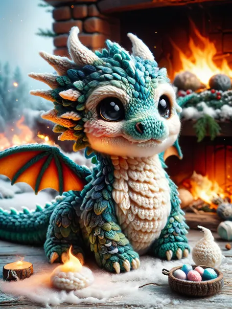 a close up of a stuffed dragon sitting in front of a fireplace