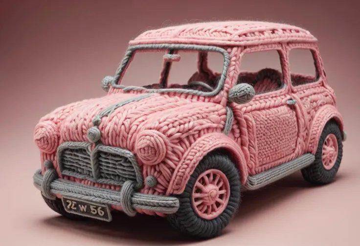 a close up of a knitted car with a pink background