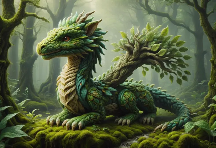 a close up of a dragon sitting on a moss covered ground