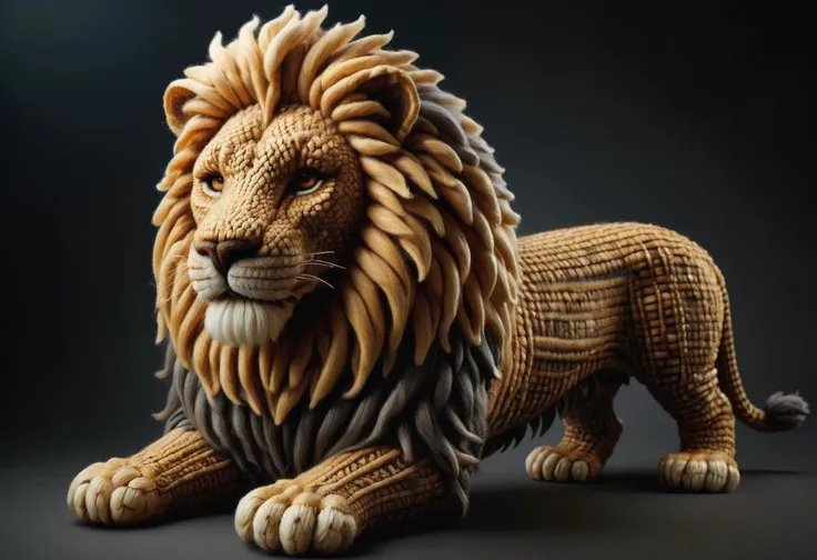 a close up of a lion statue made of wood