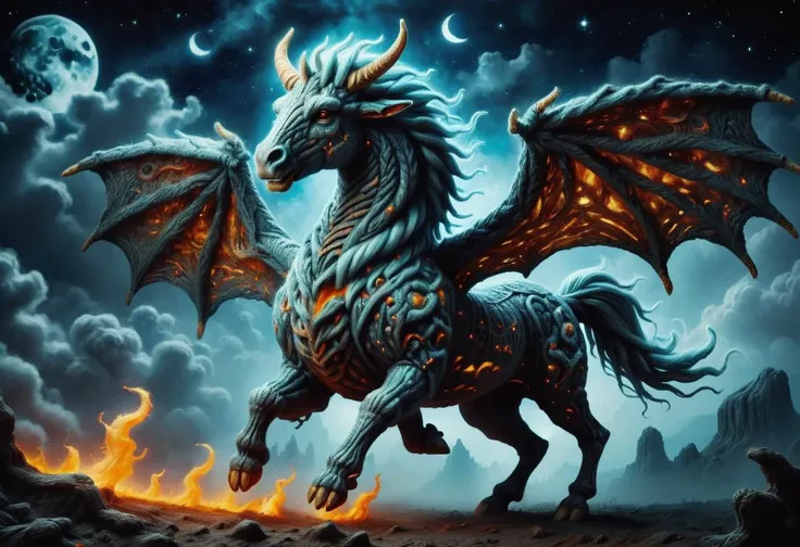 a close up of a dragon with fire on its back