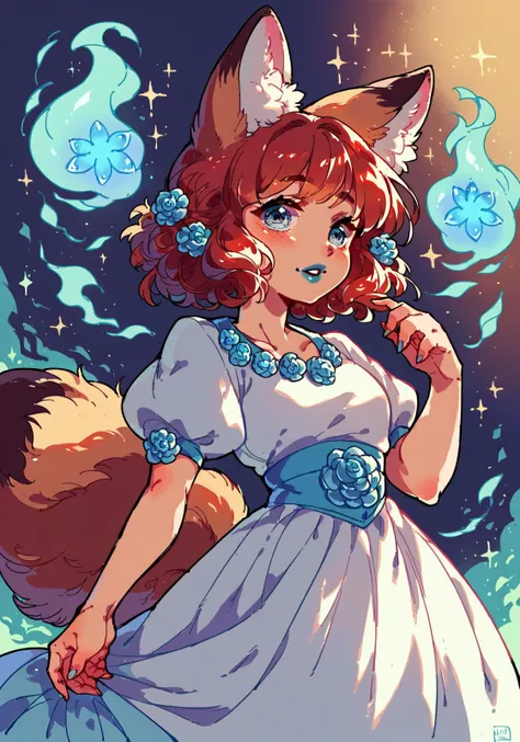 score_9,score_8_up,score_7_up,score_6_up,score_5_up,score_4_up rating_safe, spirit realm, dutch angle, lilac eyes, auburn hair, fox ears,fox tail, white dress, spiky haircut, blue lips, <lora:Himukai_Yuuji_XL:0.8>,