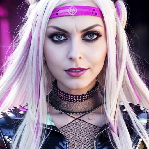 a close up of a woman with long blonde hair wearing a pink headband