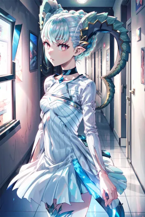 masterpiece,best quality,1girl,tiamat (fate),FirLarva,1stOutfit,expressionless,looking at viewer,futuristic hallway,<lora:FGOTiamatv2:0.9>,