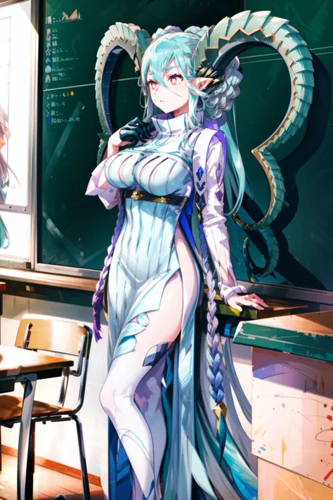 masterpiece,best quality,1girl,tiamat (fate),FGOArc3,3rdAscensionCostume,big breasts,expressionless,classroom podium,chalkboard,futuristic classroom,<lora:FGOTiamatv2:0.9>,