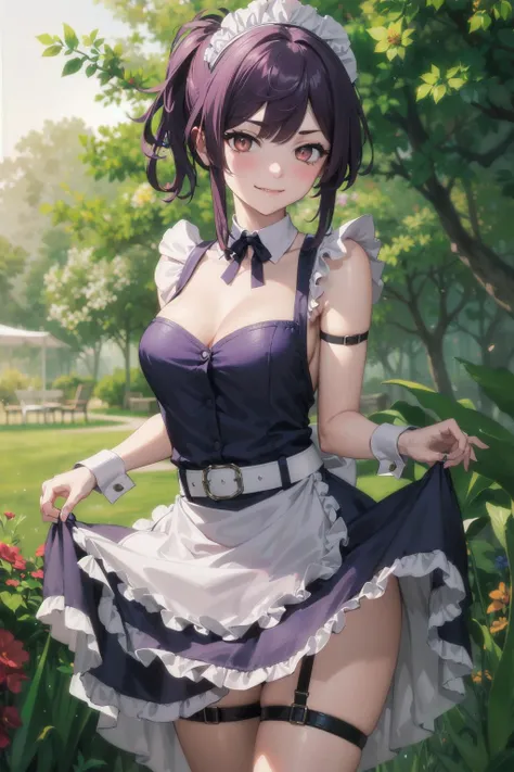 (masterpiece, 4k, best quality, highly detailed, 1girl, solo, small breasts, blush, outdoors, sleeveless, arm bands, wrist cuffs), bare shoulders, purple hair, brown eyes, open clothes, cleavage, topknot, medium hair, breasts apart, white obi, smirk, looki...