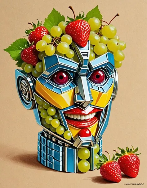 (TransformersStyle:1.4), Fruit salad person, juicy grapes for eyes, strawberries for nose, cherries for mouth, whimsical sketch, in the style of Wayne Thiebaud