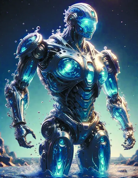 a robot standing in the water with a glowing body